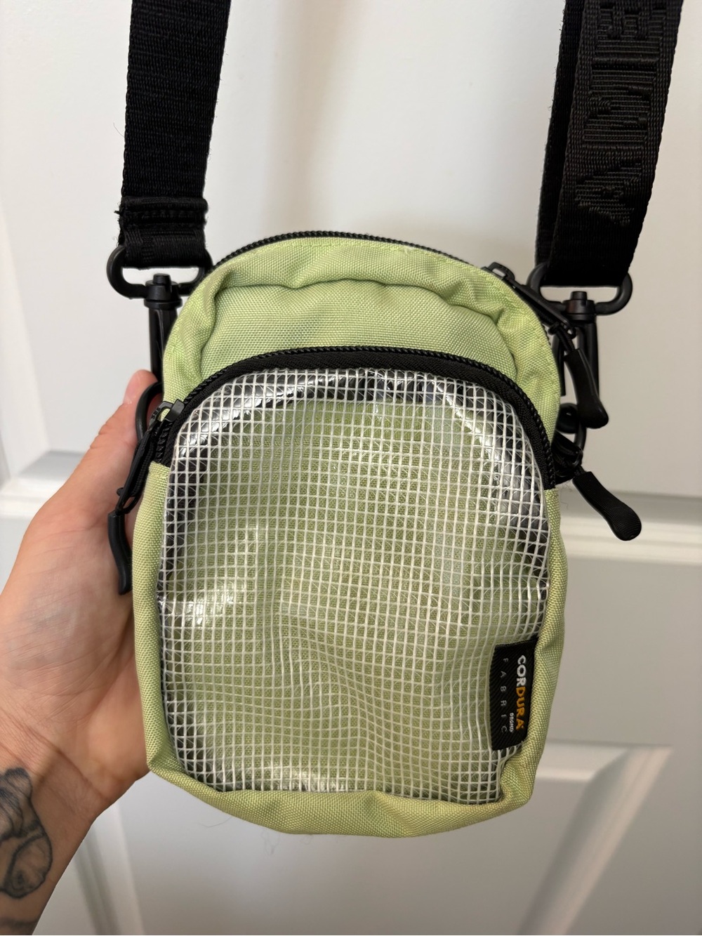 American Eagle Outfitters Light Green Mesh Front Crossbody Bag with Black Strap